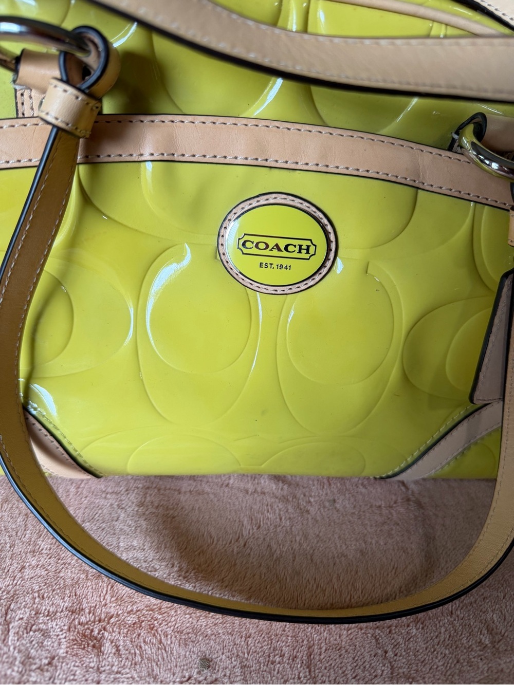 Coach Neon Yellow Patent Satchel with Beige Trim - Picture 3 of 8